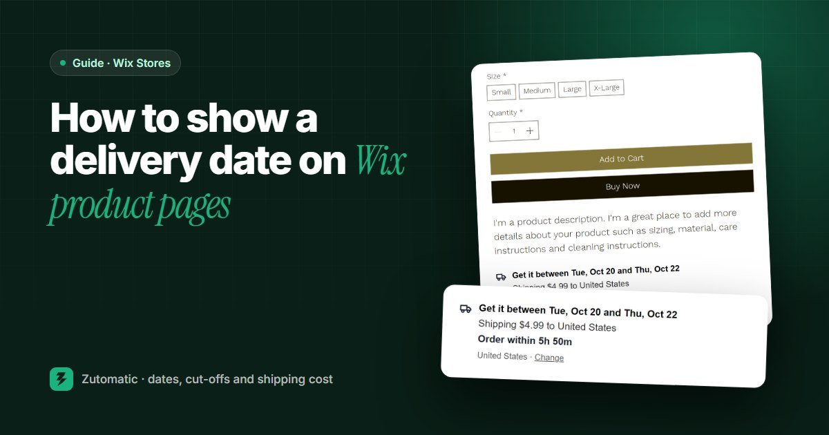 How to show a delivery date on Wix product pages: a product page with a Get it by date and the shipping cost under the buy button