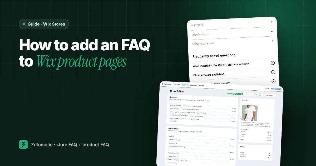 How to add an FAQ to Wix product pages: an FAQ accordion on a product page and the Zutomatic product editor