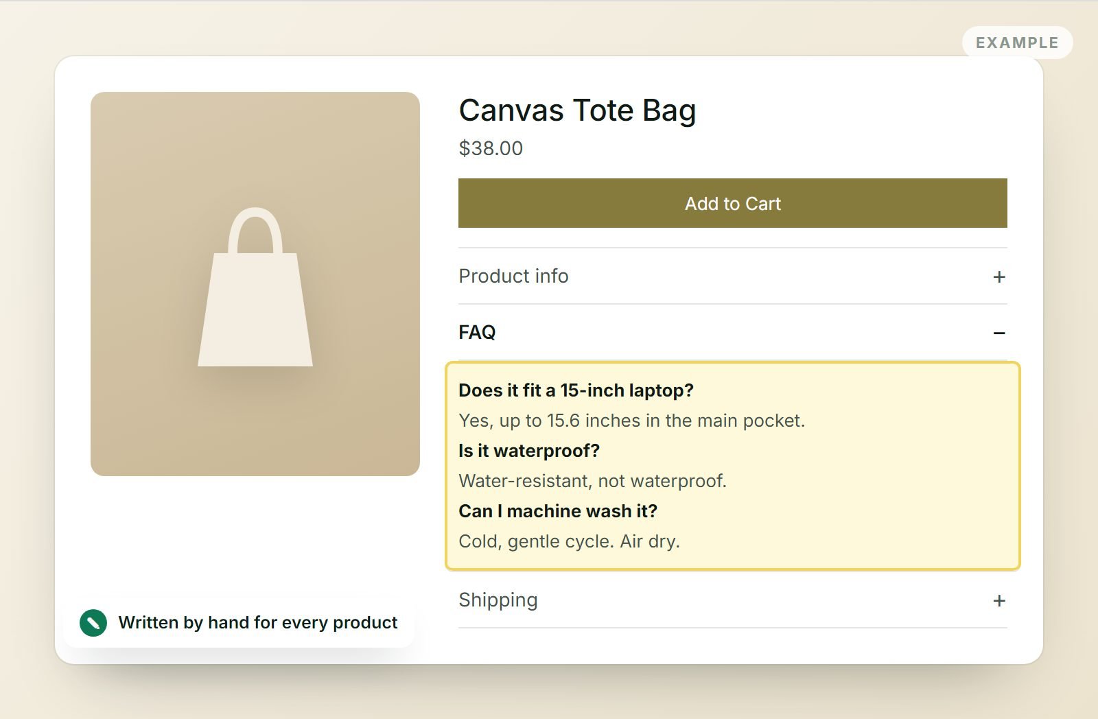Example of an FAQ info section on a Wix product page: bold questions with short answers under the Add to Cart button