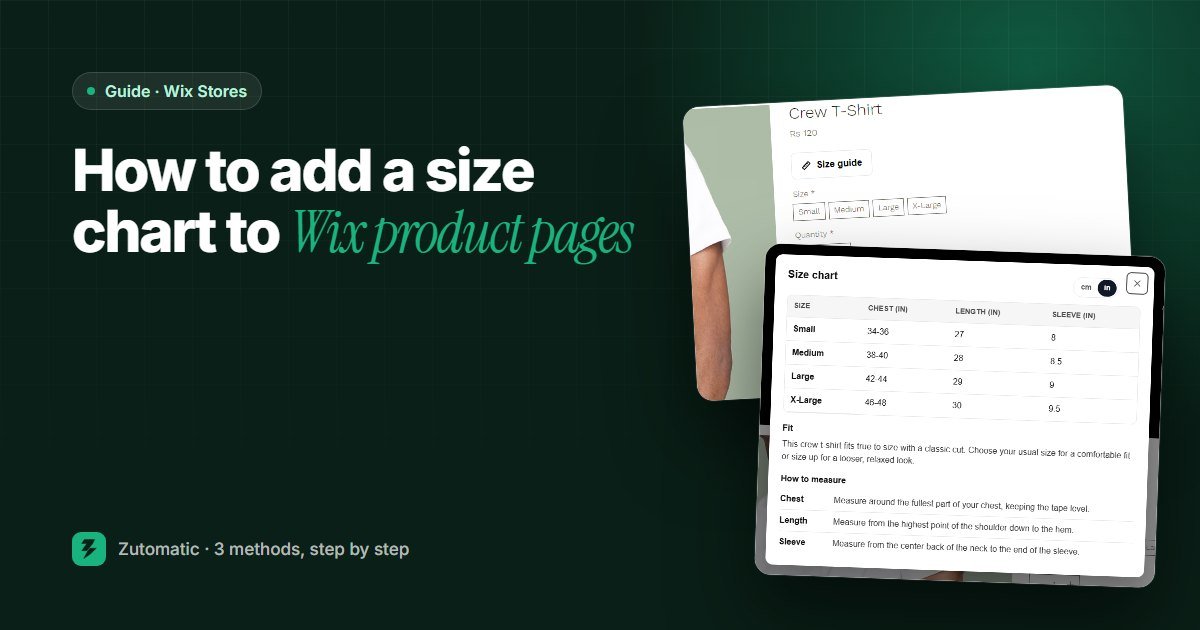 How to add a size chart to Wix product pages: a product page with a Size guide button and the size chart pop-up