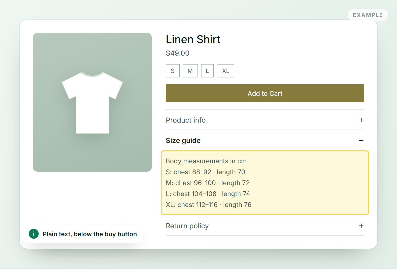 Example of a Size guide info section on a product page: sizing written as plain text lines under the Add to Cart button