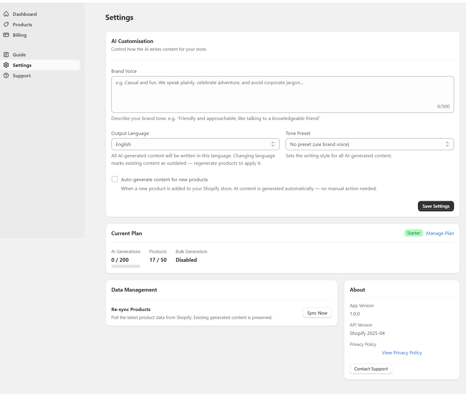 Zutomatic settings with the output language and tone preset options