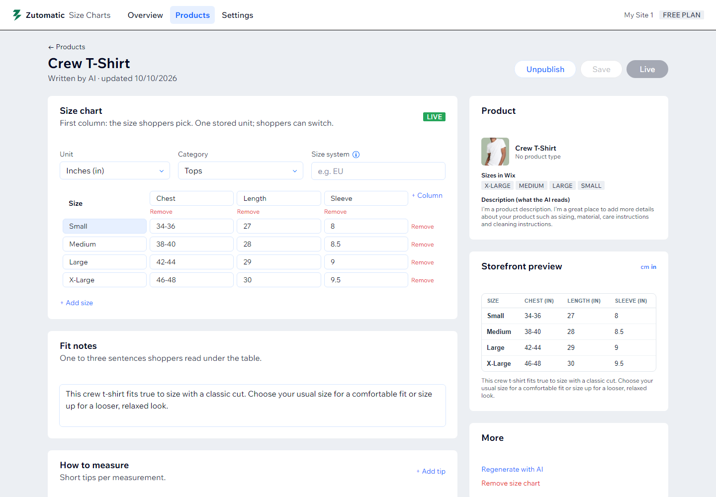 The chart editor: unit, category, editable size table, fit notes and a storefront preview