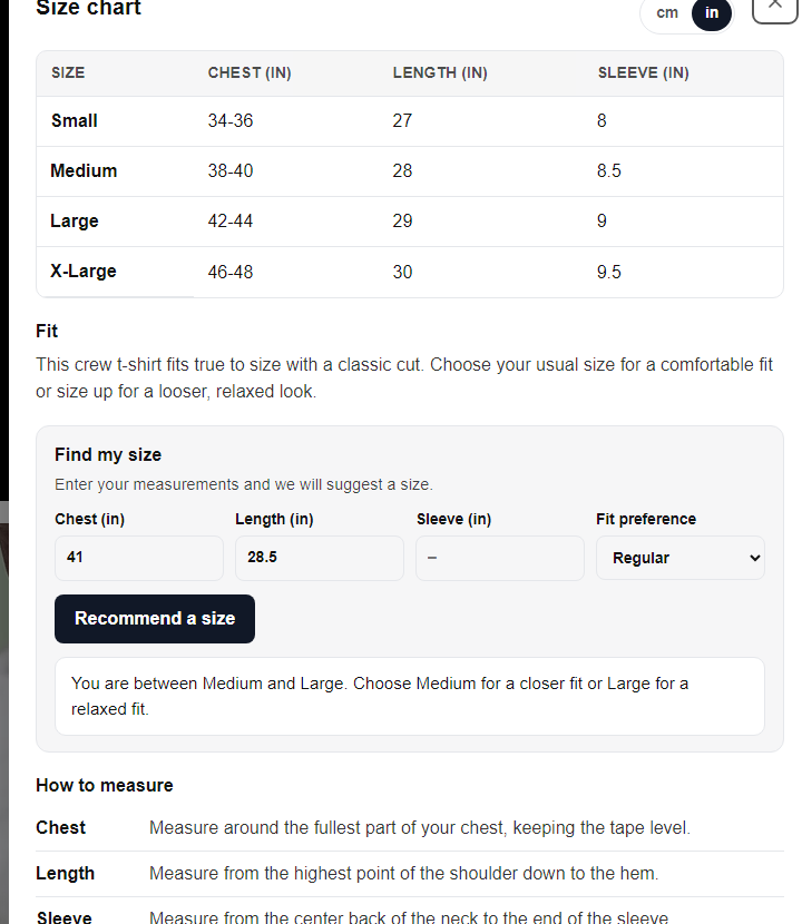 The Find my size panel: chest and length entered, fit preference Regular, result: you are between Medium and Large