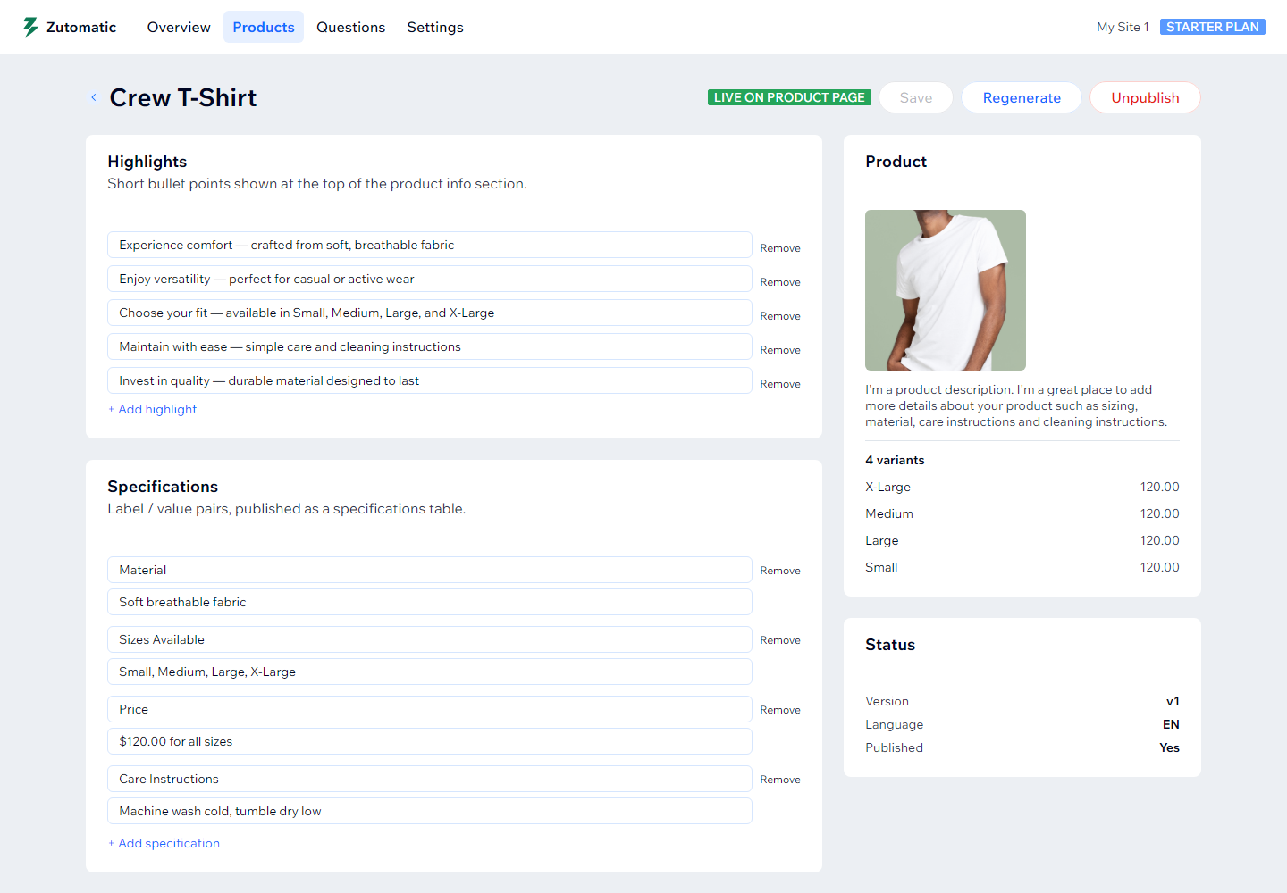 The Zutomatic product editor with generated highlights, specifications and FAQ, ready to review and publish
