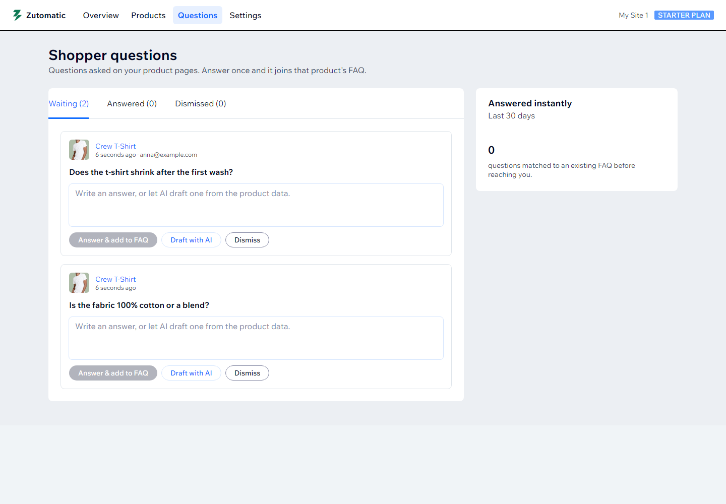 The Zutomatic shopper questions inbox with questions waiting for an answer and a count of questions answered instantly