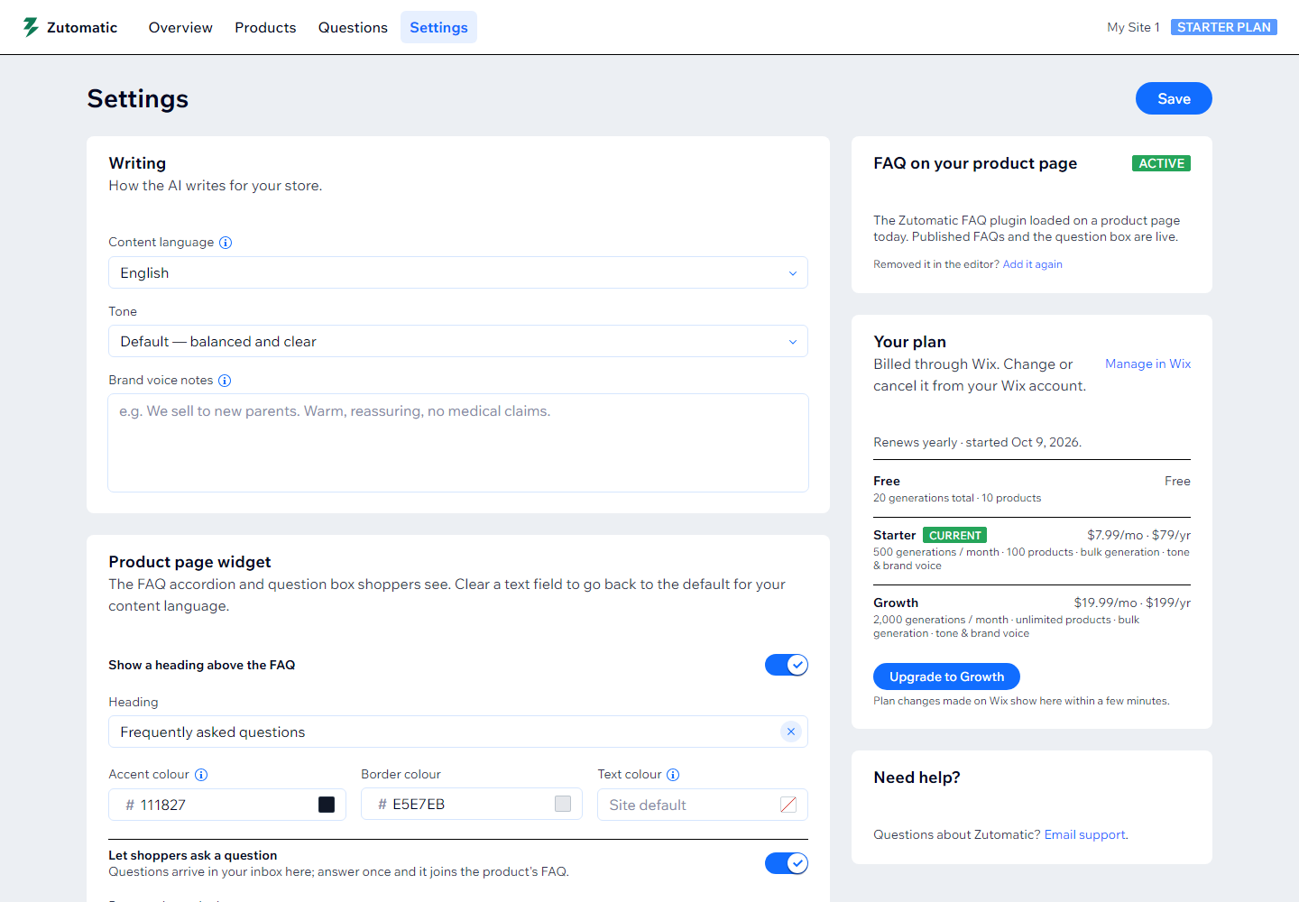 Settings: content language, tone, brand voice notes and the product page widget options