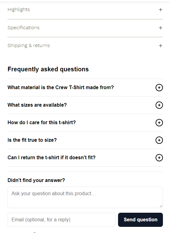 A Wix product page with an FAQ accordion and a Didn't find your answer question box